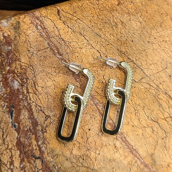 Gold Rhinestone Crystal Double Loop Drop Post Stud Earrings Quiet Luxury Preppy - Picture 4 of 6